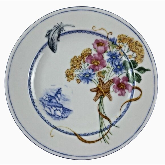 222 Fifth 8" Appetizer Plate Beachcomber Lighthouse Feather Seashells Flowers - Picture 6 of 6
